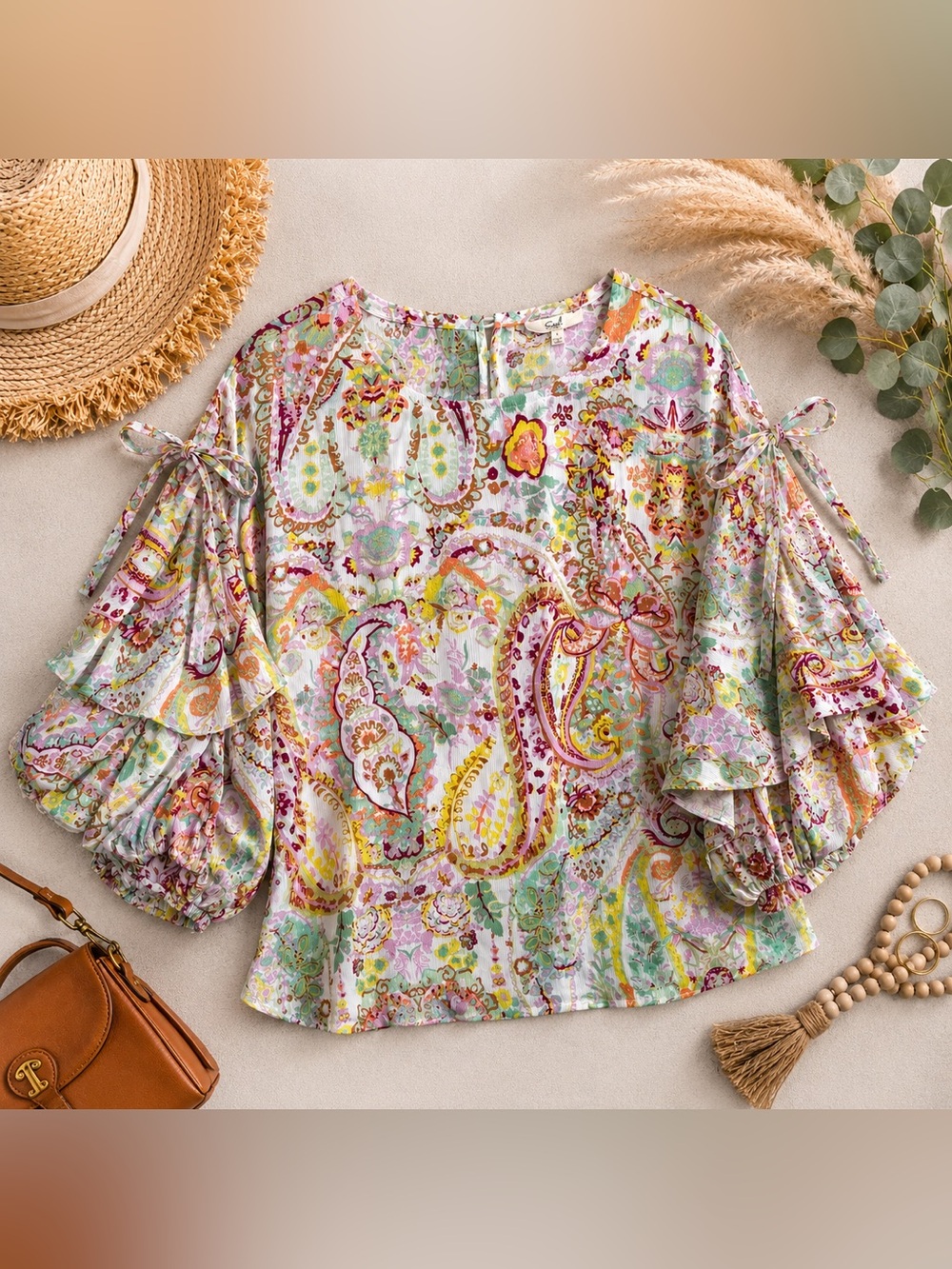 New Easel Boho Paisley Ruffle Sleeve Blouse Multicolor Floral Top Small